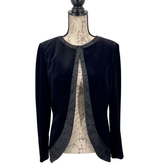 Adrianna Papell VTG Gorgeous Black Beaded Velvet Jacket With Satin Trims Size 10 - Picture 1 of 7
